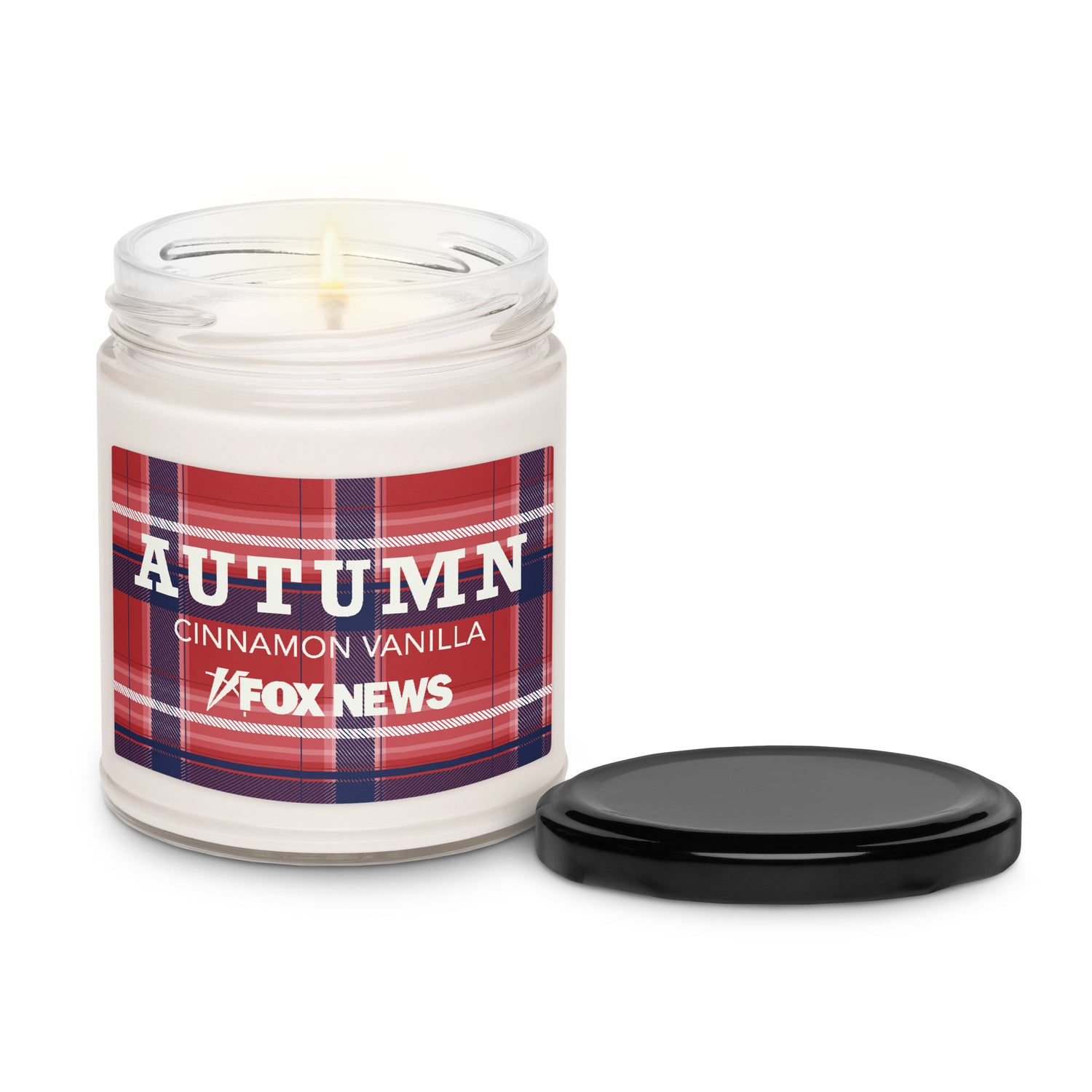 A close-up of the FOX News logo on the front of the 9oz glass scented candle.