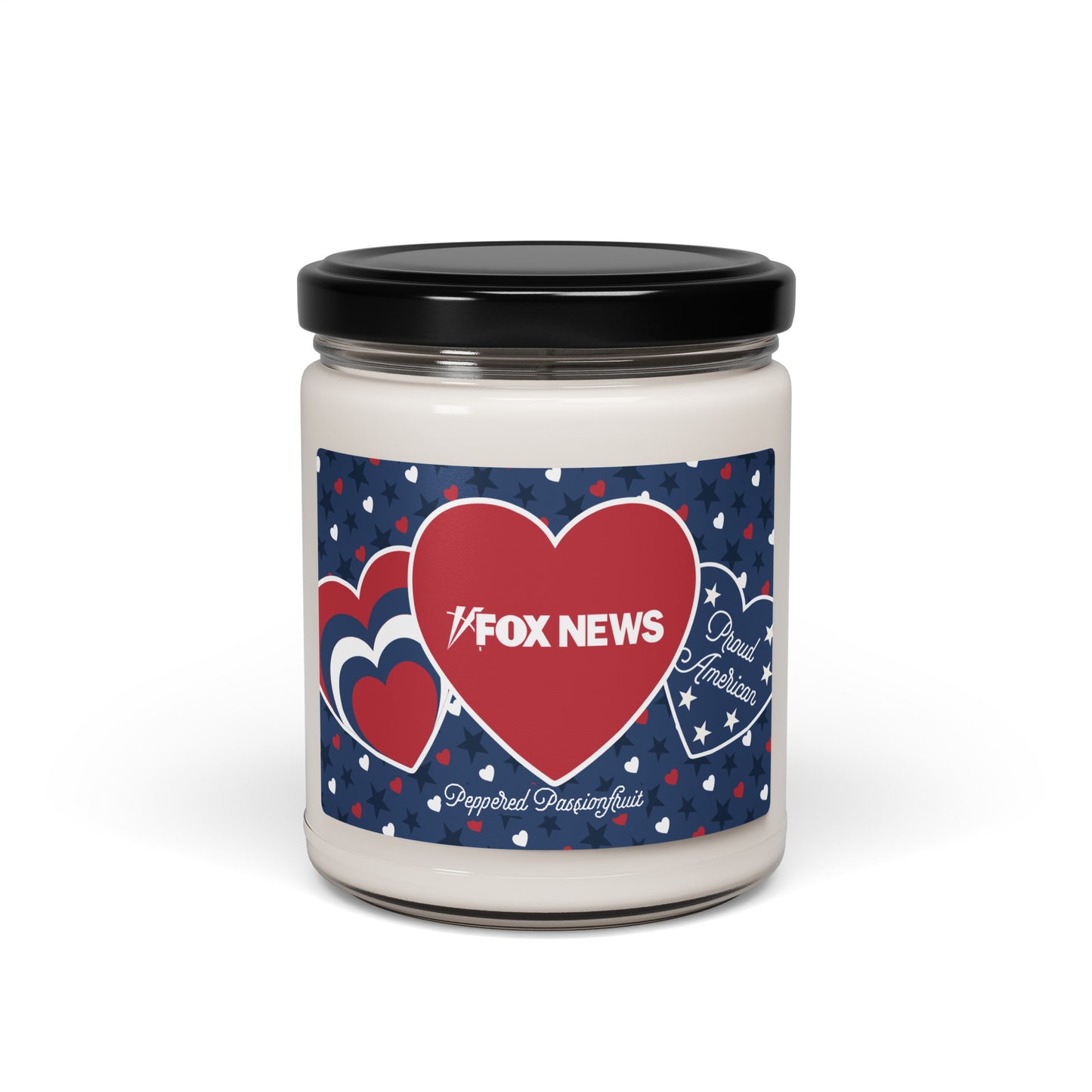 FOX News Proud American Hearts and Stars candle in a 9oz glass jar featuring a Peppered Passionfruit scent label.