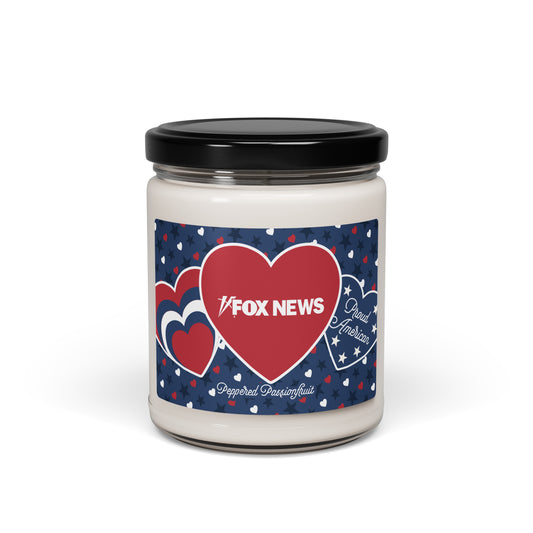 FOX News Proud American Hearts and Stars candle in a 9oz glass jar featuring a Peppered Passionfruit scent label.