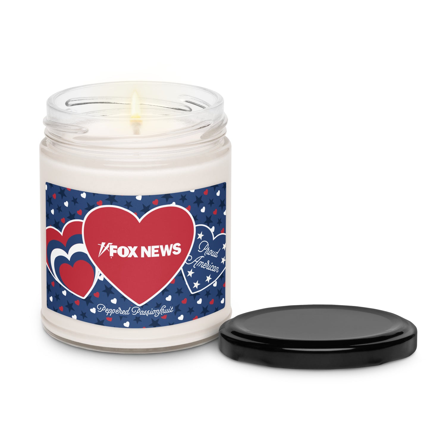 Detailed view of the FOX News logo and hearts and stars graphic on the Proud American scented candle jar.
