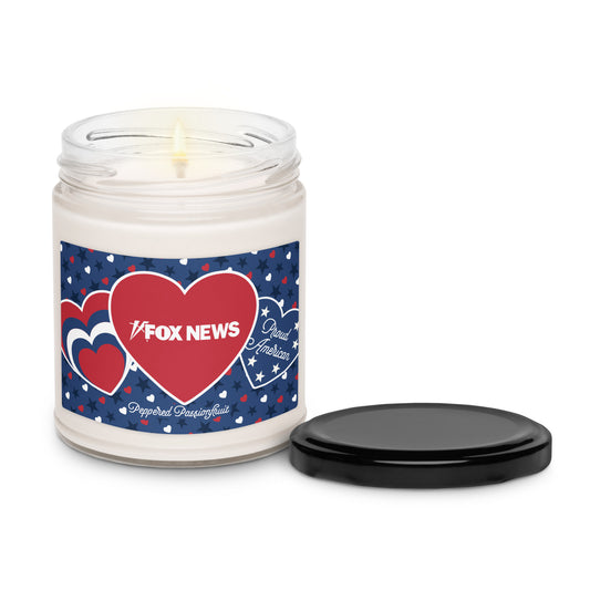 Detailed view of the FOX News logo and hearts and stars graphic on the Proud American scented candle jar.