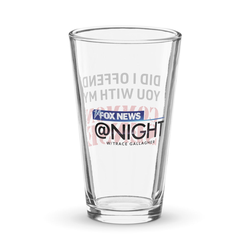 Close-up of the crisp FOX News @ Night logo and Common Sense text on a clear 16 oz glass.