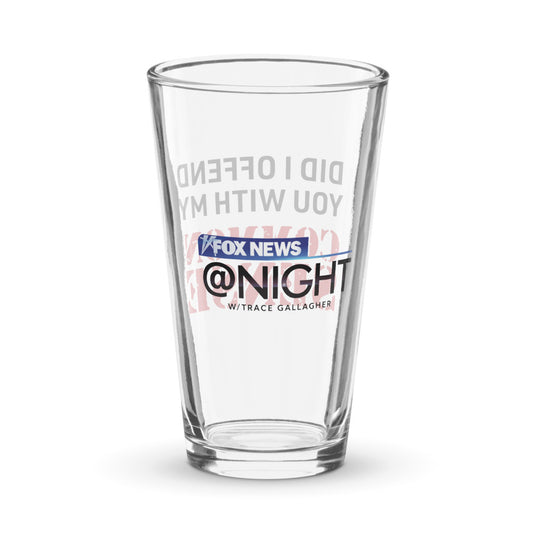 Close-up of the crisp FOX News @ Night logo and Common Sense text on a clear 16 oz glass.