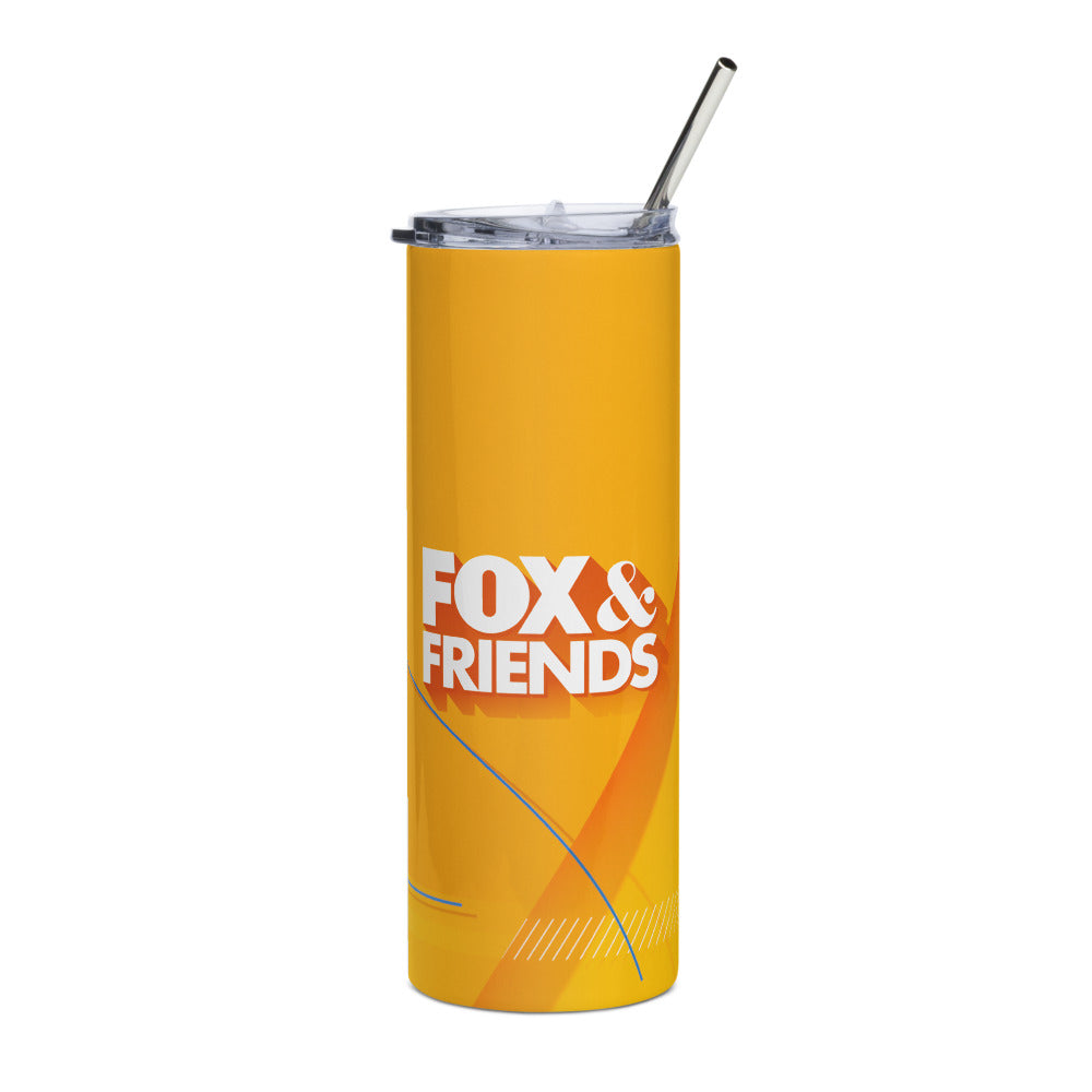 A official FOX & Friends Logo Stainless Steel Tumbler sits on a clean American kitchen counter in the morning light.