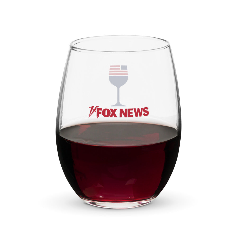 Close-up of the bold *FOX News* logo printed on a 15 oz stemless glass in a suburban home setting.