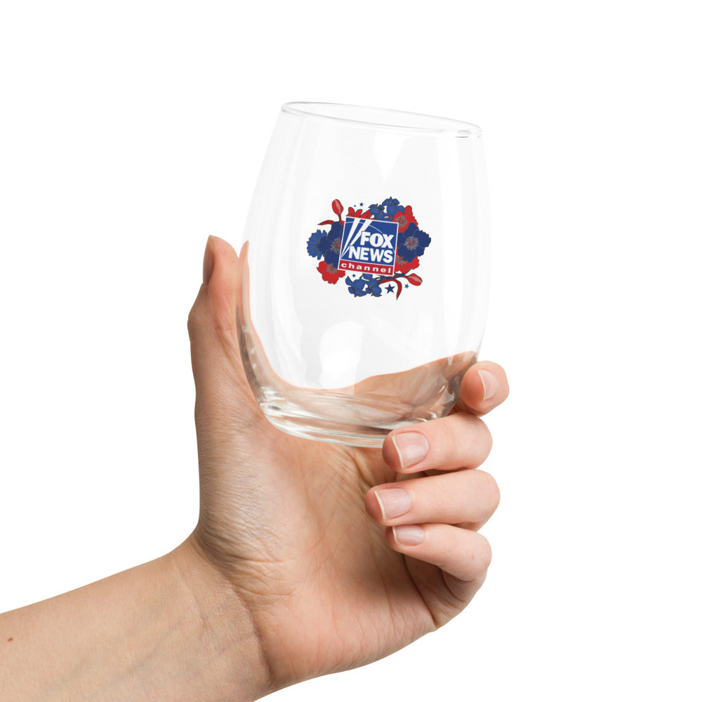 Studio product photography of the FOX News Proud American Mom stemless wine glass showing its smooth curved silhouette and clear glass finish.