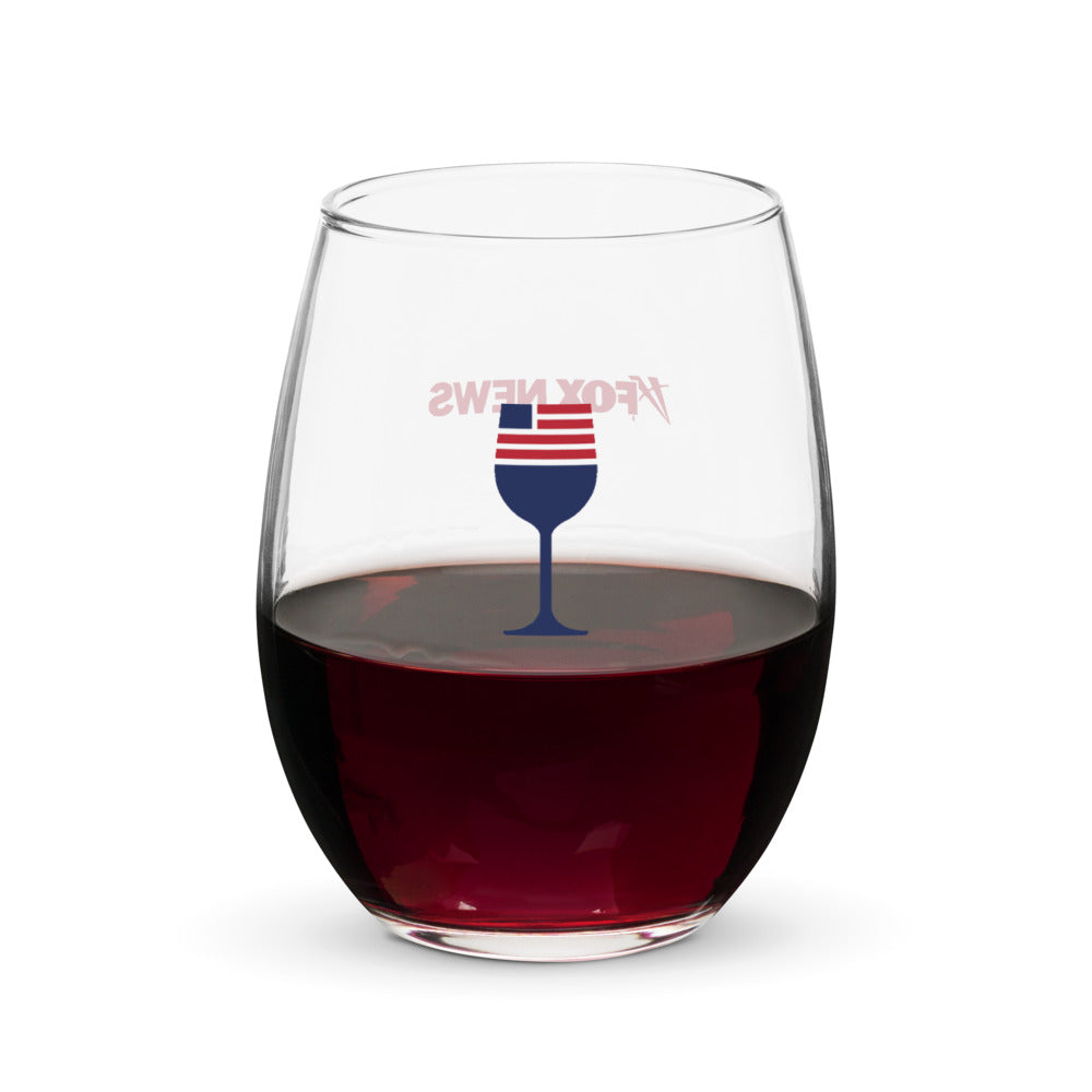 A *FOX News* stemless wine glass with a crisp logo placement on a clean granite countertop in a modern American kitchen.
