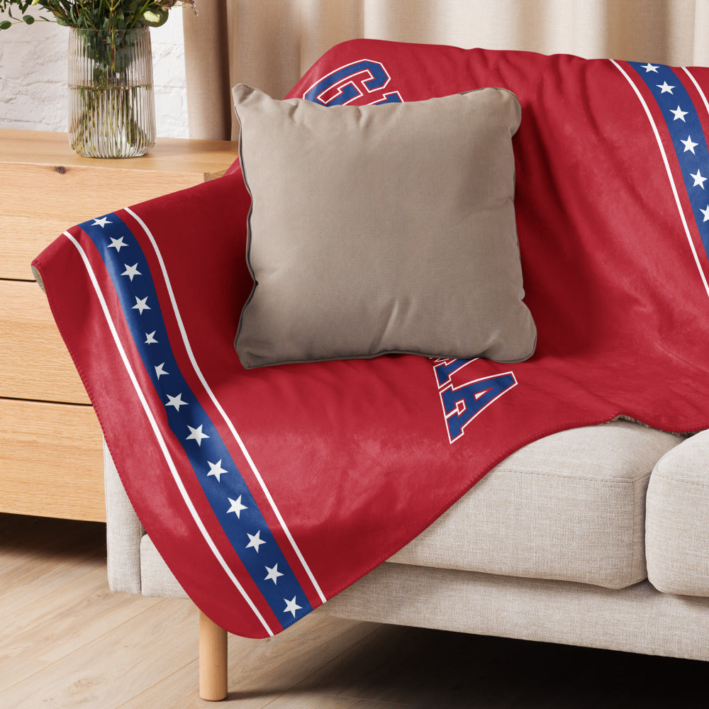 Detailed view of the stitching and fabric texture of the FOX News blanket.