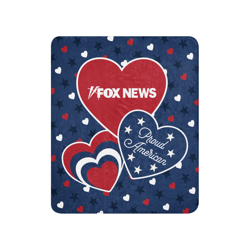 The FOX News Proud American blanket spread out to display the full hearts and stars design.