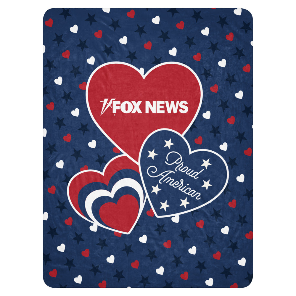 The FOX News Proud American Hearts and Stars Blanket featuring a red, white, and blue patriotic pattern.