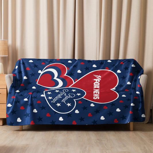 A close-up of the crisp FOX News logo on the Proud American Hearts and Stars Blanket.