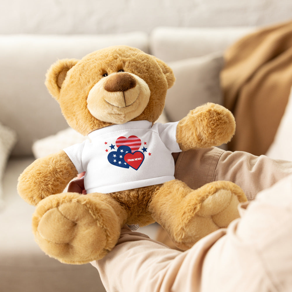 The *FOX News* Hearts Teddy Bear displayed on a suburban home office desk near a laptop.