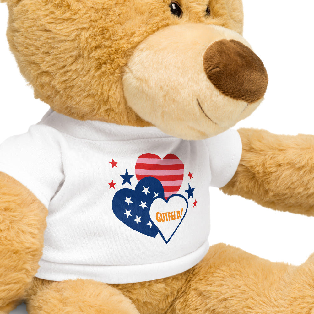 Detailed view of the Gutfeld! Hearts Teddy Bear showing the high-quality plush material and crisp logo placement.