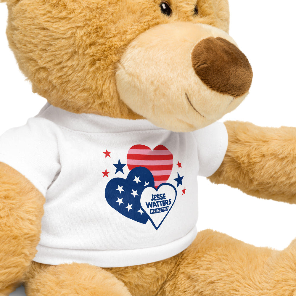 Close-up of the FOX News Jesse Watters Primetime logo and heart graphic on the teddy bear chest.