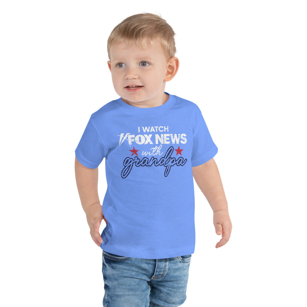 Close-up of the FOX News graphic design printed crisply on a soft toddler t-shirt.