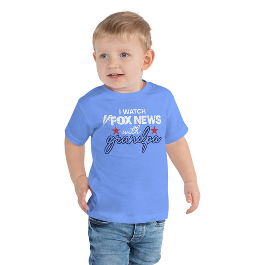 Close-up of the FOX News graphic design printed crisply on a soft toddler t-shirt.