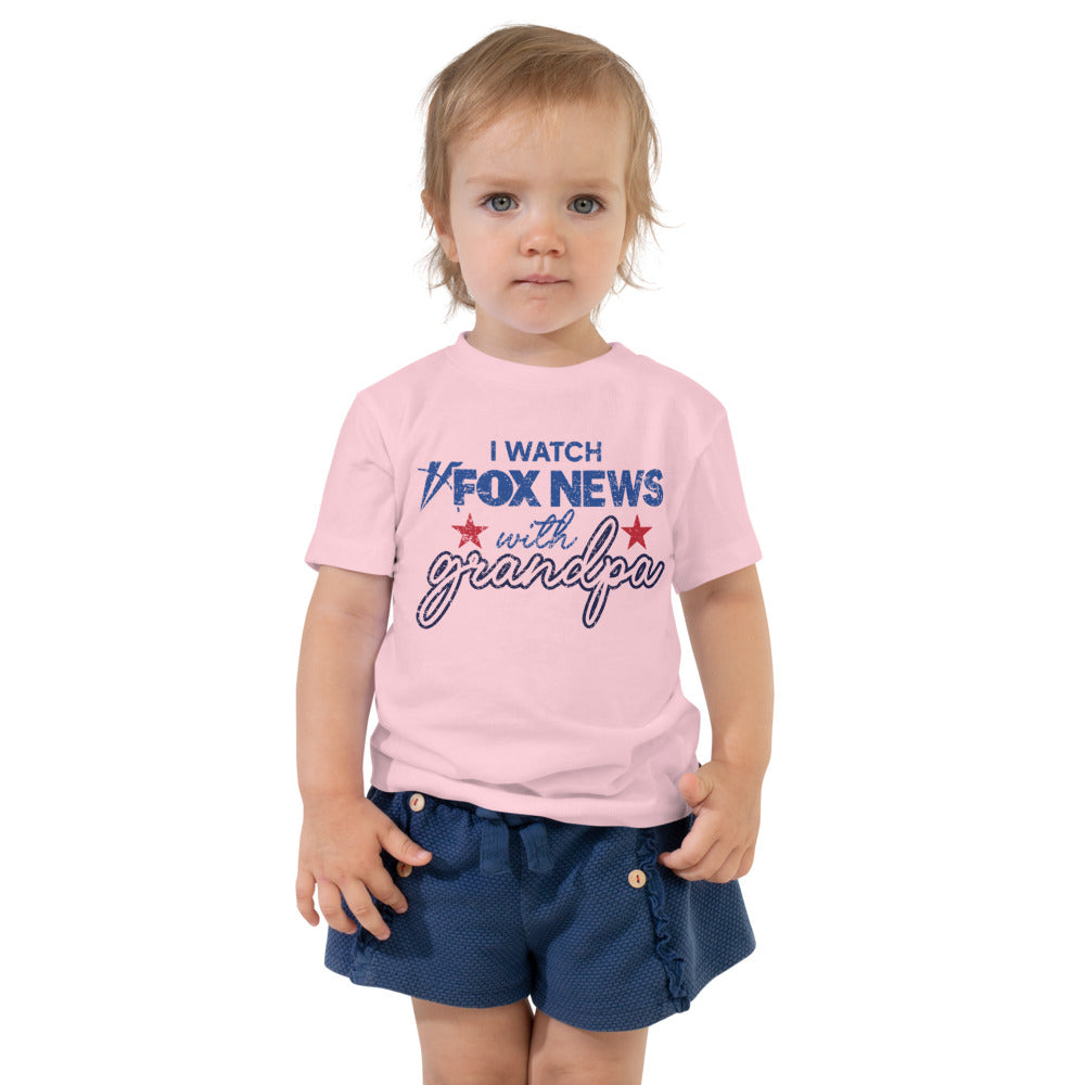 Detailed view of the t-shirt fabric and collar construction for the FOX News toddler shirt.