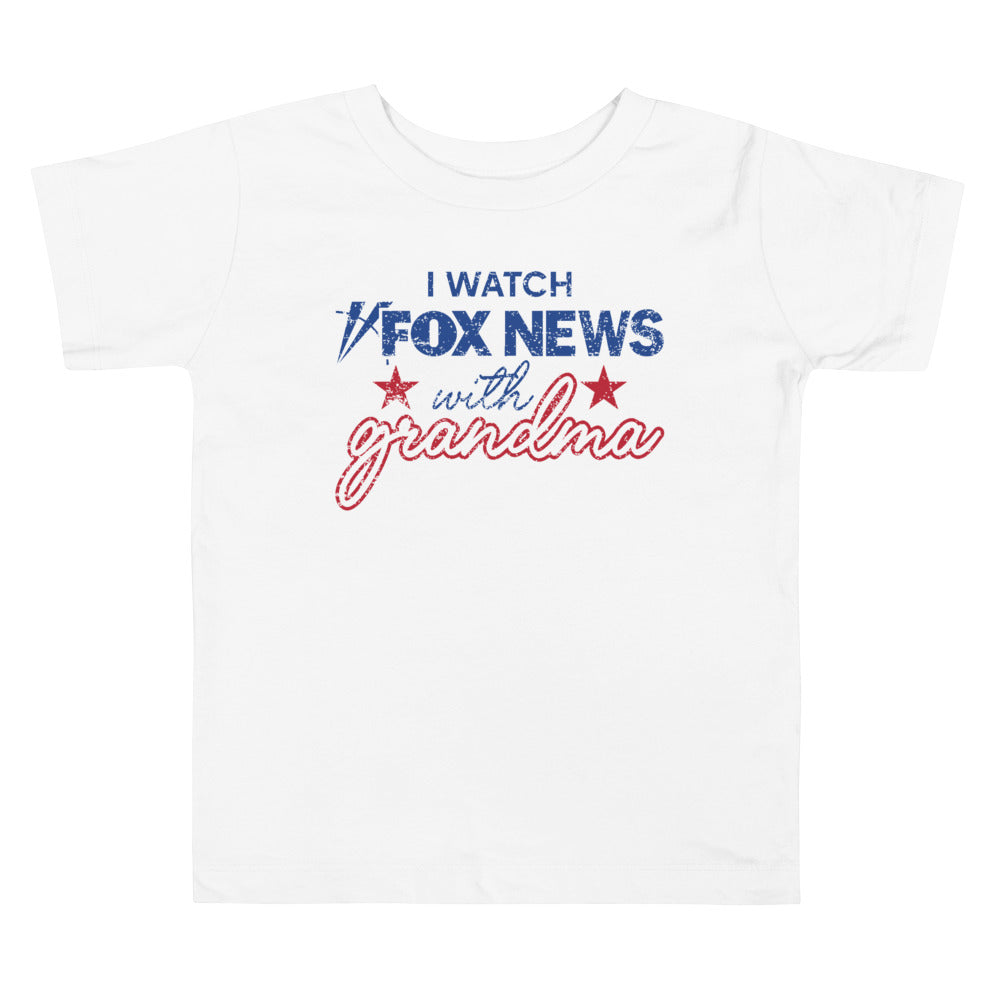 The back and front views of the high-quality FOX News toddler crewneck t-shirt.