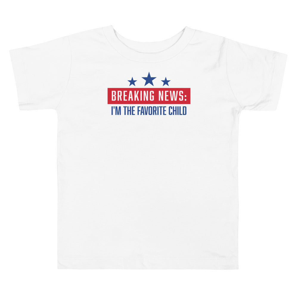 A front view of the white FOX News Breaking News Toddler T-Shirt featuring a crisp FOX News logo and bold red Breaking News graphic.