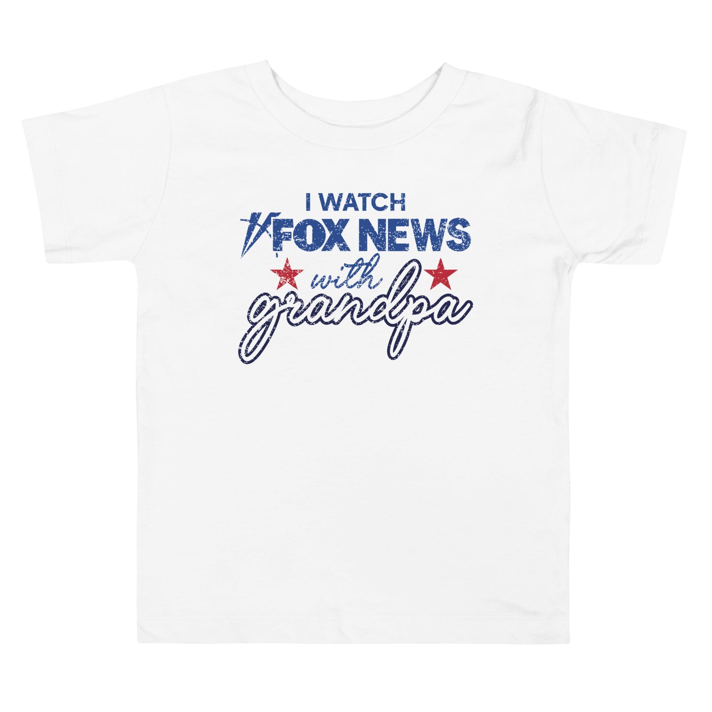 Flat lay display of the FOX News I Watch with Grandpa toddler shirt showcasing its vibrant colors.