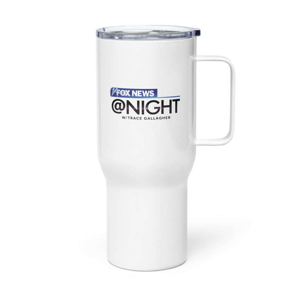 Close-up of the durable lid and sleek design of the *FOX News @ Night* Common Sense insulated travel cup.