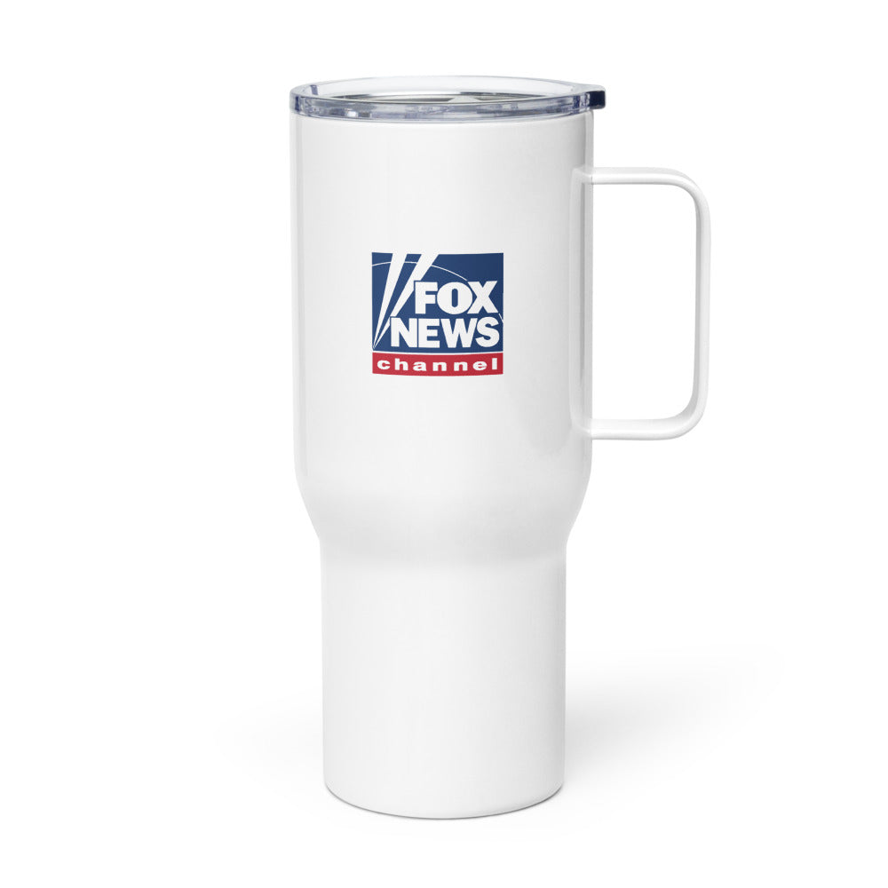Close up of the FOX News logo and America graphic on a 25 oz travel mug.