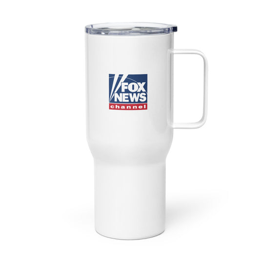 Close up of the FOX News logo and America graphic on a 25 oz travel mug.