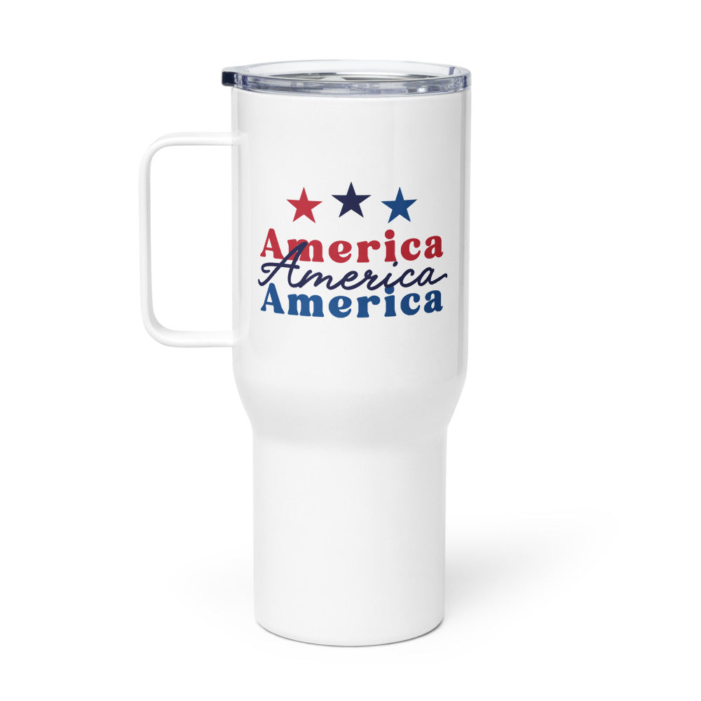 A white FOX News America Travel Mug with a bold patriotic design on a clean American kitchen counter.