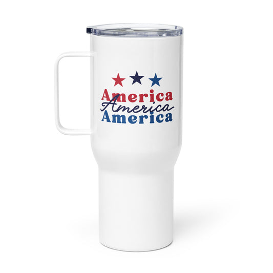 A white FOX News America Travel Mug with a bold patriotic design on a clean American kitchen counter.