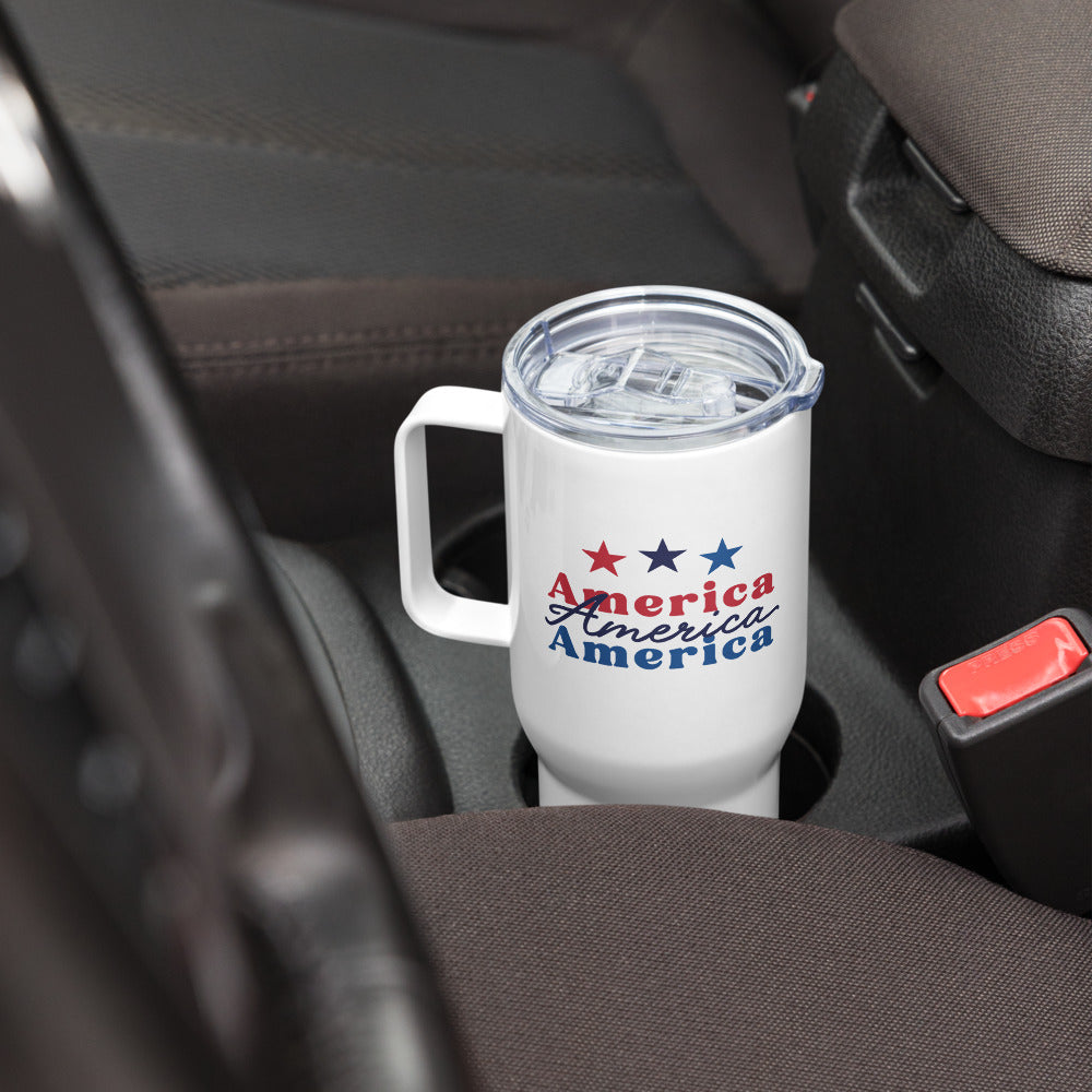 A patriot holding the FOX News travel mug in an outdoor backyard setting.
