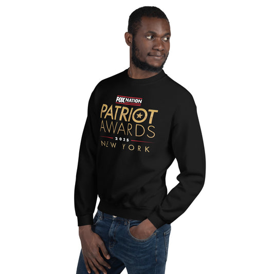 Close-up of the crisp FOX Nation logo and Patriot Awards 2025 graphic on the front of the black crewneck sweatshirt.