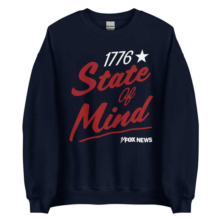 Unisex FOX News 1776 State Of Mind Crewneck Sweatshirt in navy blue with a bold red and white graphic design.