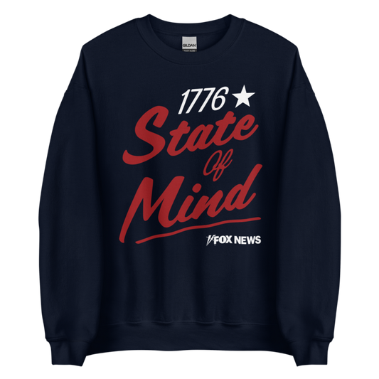 Unisex FOX News 1776 State Of Mind Crewneck Sweatshirt in navy blue with a bold red and white graphic design.
