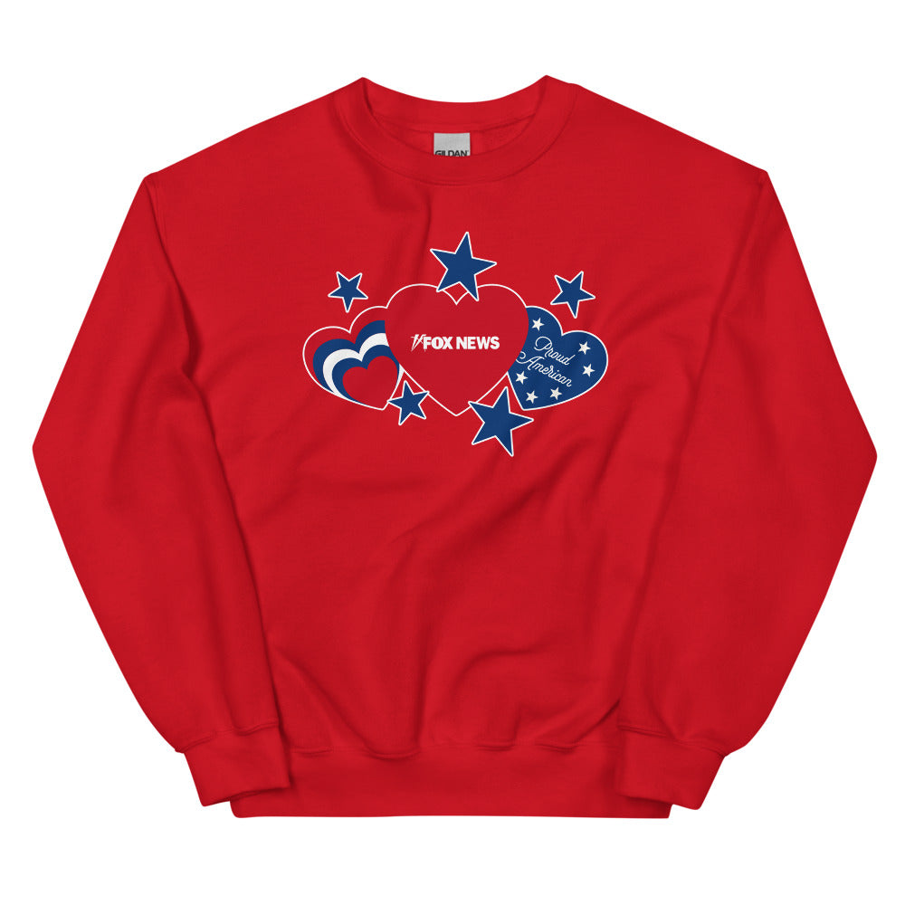 A Caucasian man wearing a red FOX News Hearts and Stars sweatshirt while relaxing in a clean, suburban American backyard.