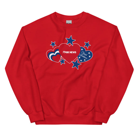 A Caucasian man wearing a red FOX News Hearts and Stars sweatshirt while relaxing in a clean, suburban American backyard.