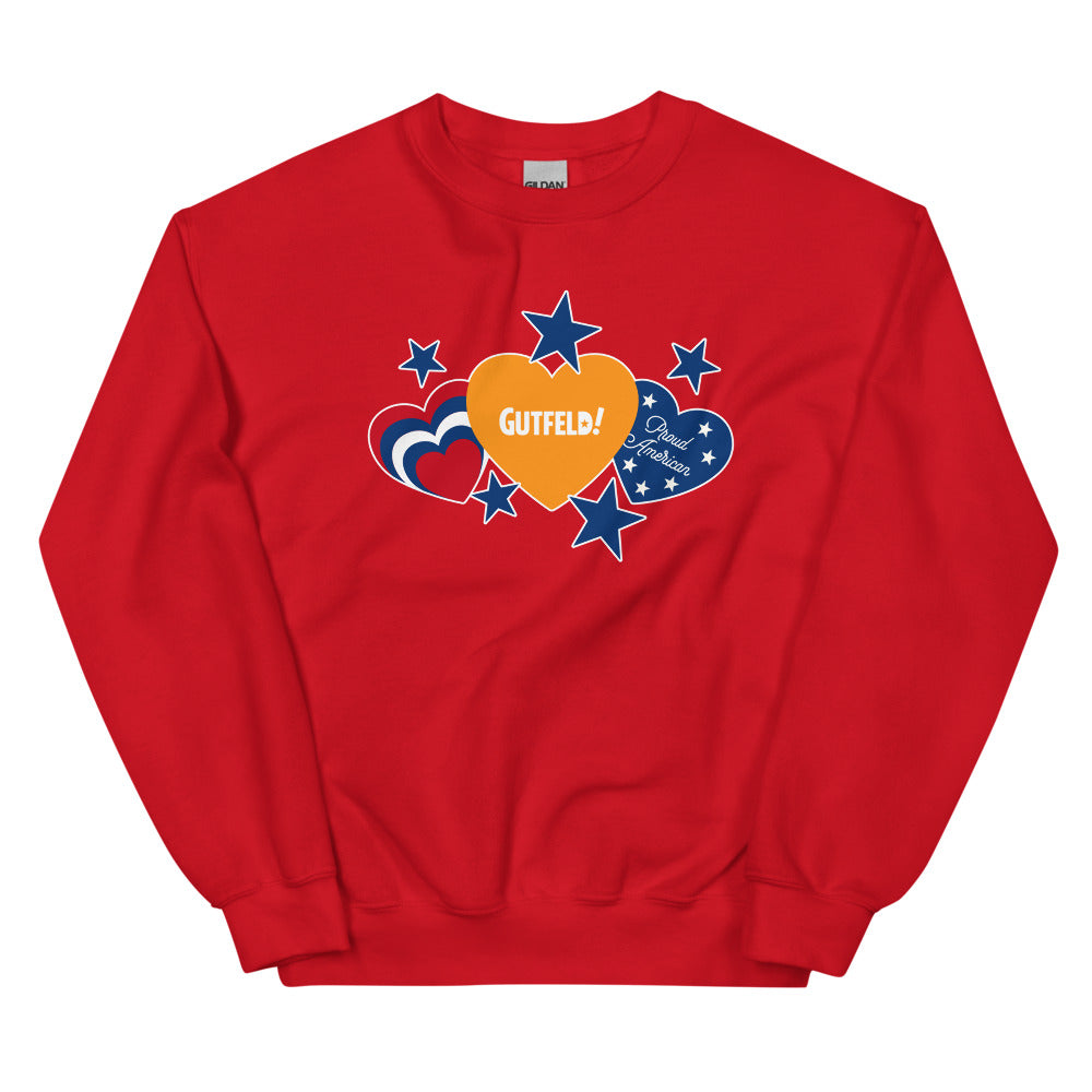 Front view of the red Gutfeld! Proud American sweatshirt featuring hearts and stars graphic.