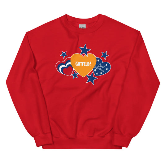 Front view of the red Gutfeld! Proud American sweatshirt featuring hearts and stars graphic.