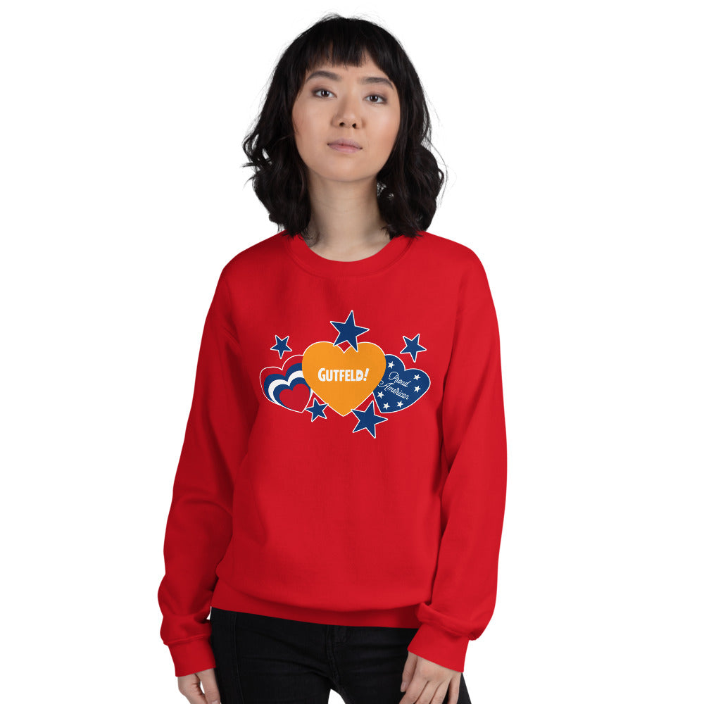 Close-up of the patriotic hearts and stars design on the Gutfeld! crewneck sweatshirt.
