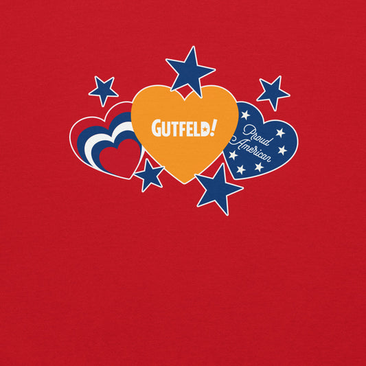 Front view of the white Gutfeld! Proud American sweatshirt featuring hearts and stars graphic.