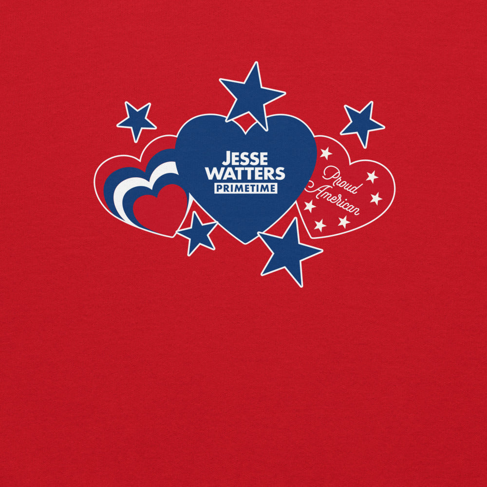 The crisp Proud American design featuring hearts and stars on a red crewneck sweatshirt.
