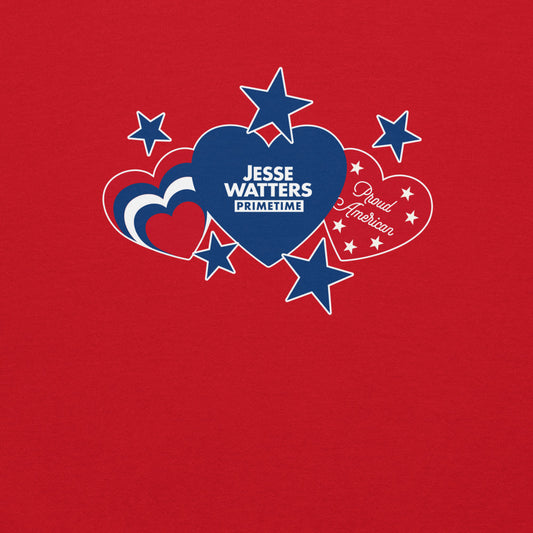 The crisp Proud American design featuring hearts and stars on a red crewneck sweatshirt.