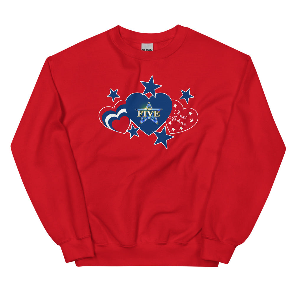 A Caucasian man wearing the red The Five Proud American Hearts and Stars sweatshirt in a suburban backyard setting.