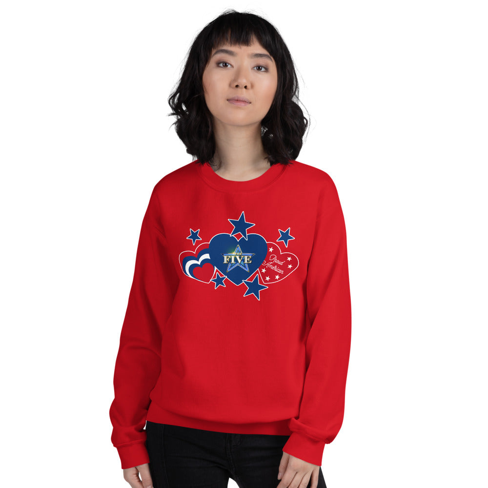 Close-up of the Proud American Hearts and Stars design printed on a high-quality red sweatshirt.