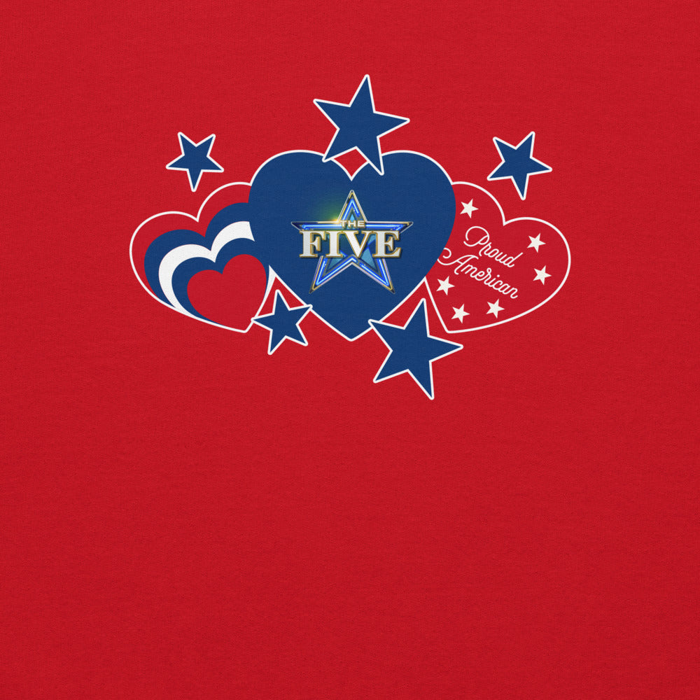 The white version of The Five Proud American Hearts and Stars crewneck sweatshirt featuring patriotic graphics and the FOX News logo.