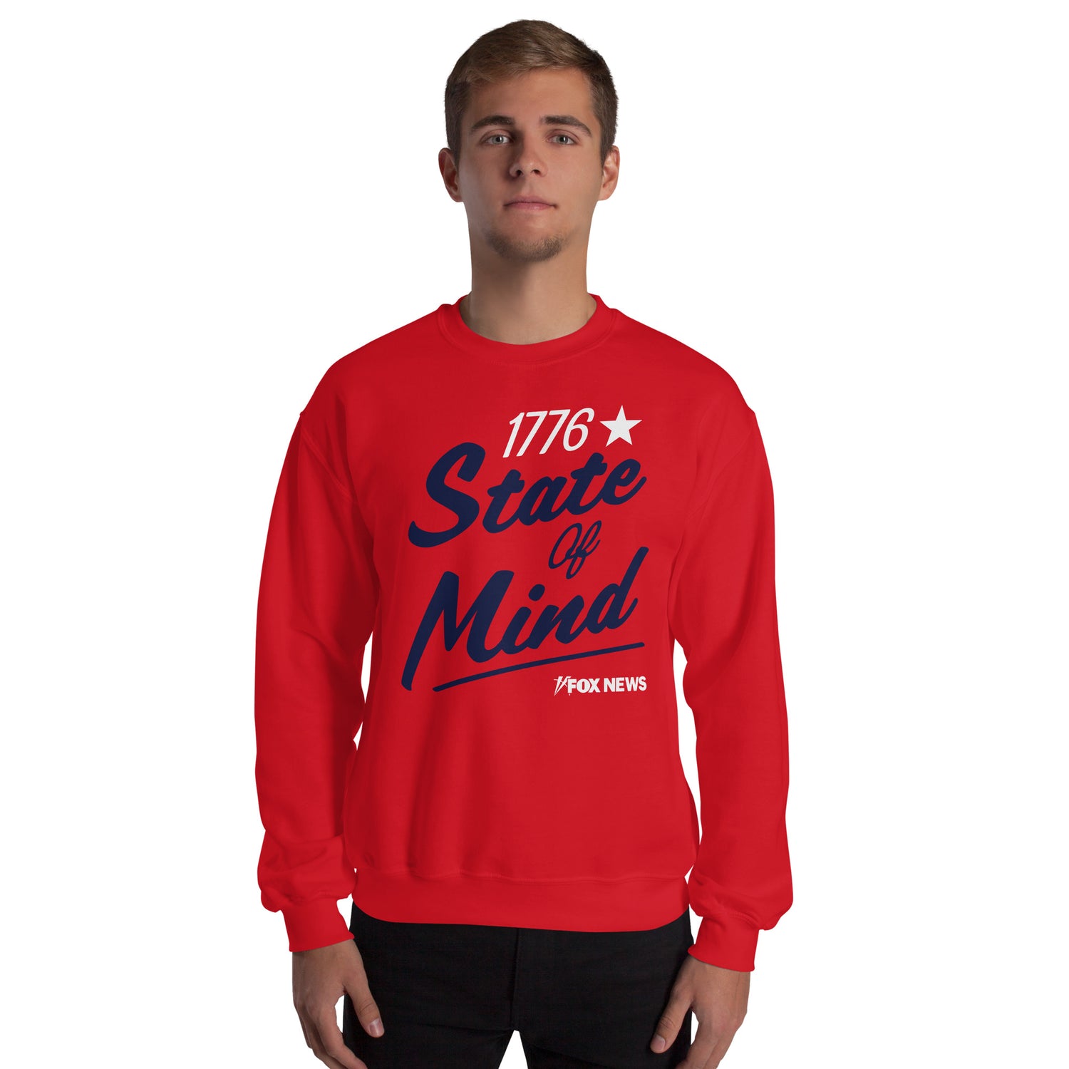 Stack of colorful FOX News 1776 State Of Mind sweatshirts in navy, red, and gray.