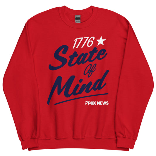 Close-up of the patriotic 1776 State Of Mind graphic on a comfortable gray fleece sweatshirt.