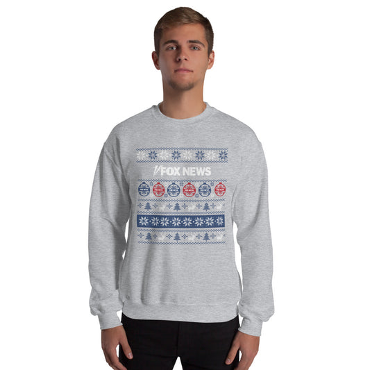 A Sport Grey FOX News Holiday Crewneck Sweatshirt featuring a festive network logo in a clean, modern American living room setting.-2