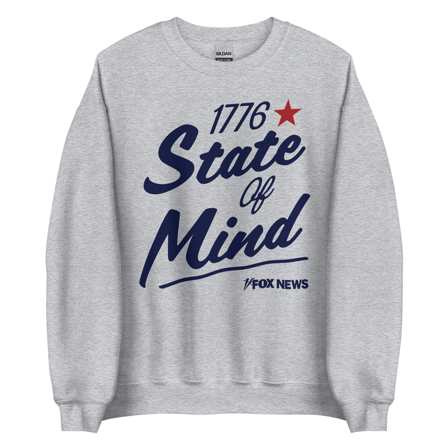 A man in a modern American backyard wearing the red FOX News 1776 State Of Mind sweatshirt.