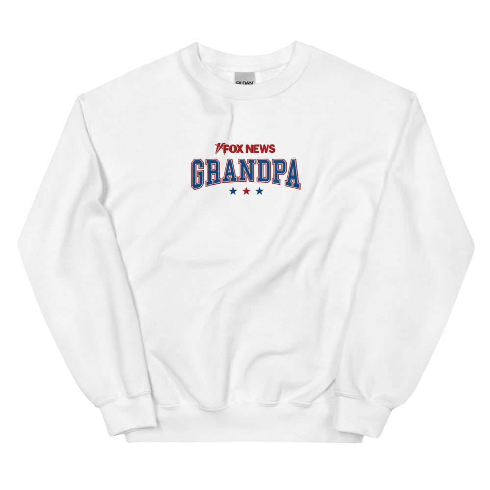 A white FOX News Grandpa sweatshirt displayed in a clean, brightly lit American suburban home setting.