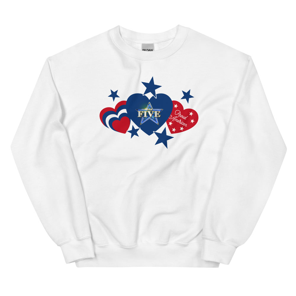 Front view of the white The Five Proud American crewneck pullover from Fox News Shop.